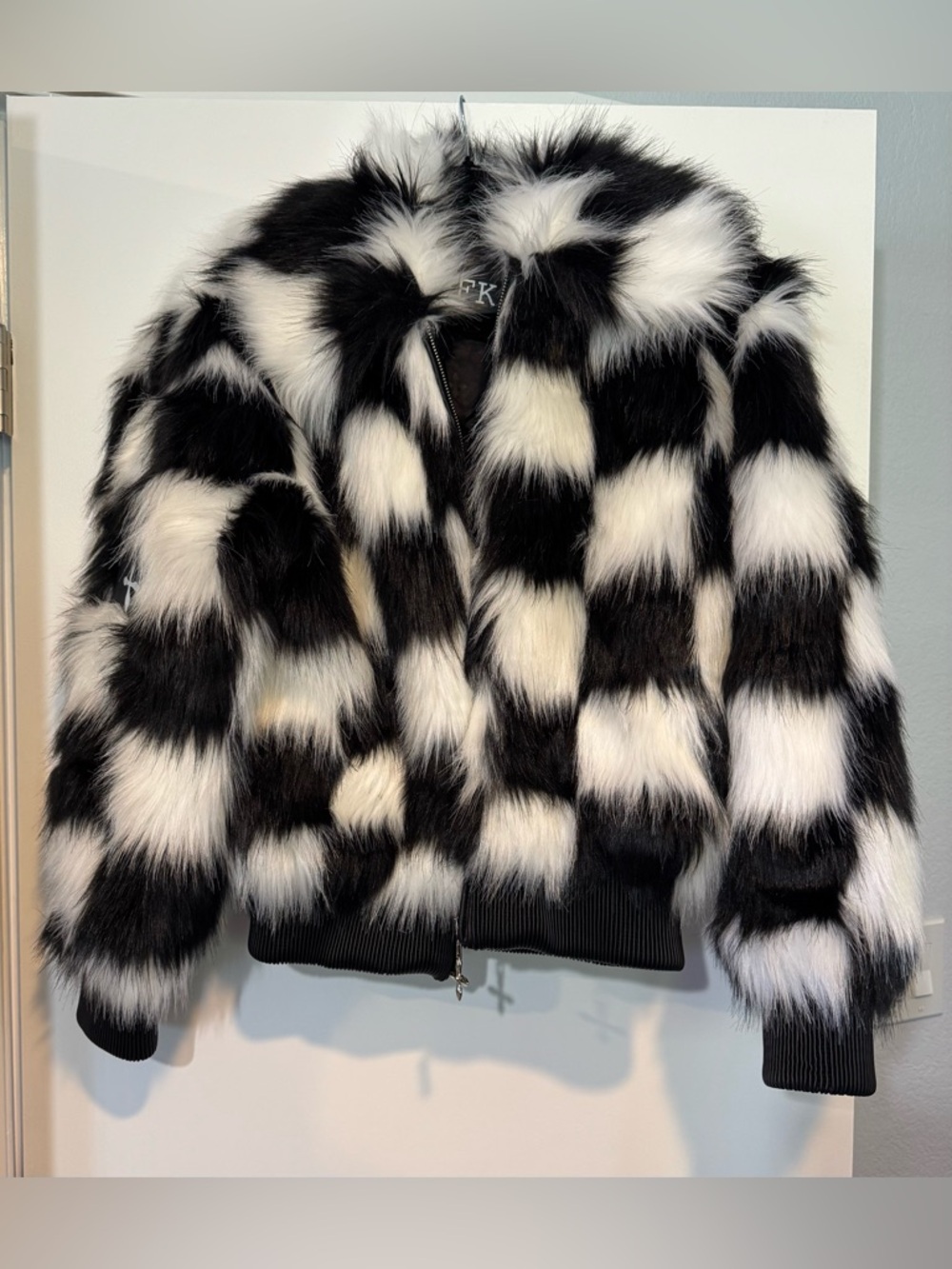 SMFK Plan C Checkered Faux Fur Bomber Jacket Black White Size 1 - Picture 4 of 13